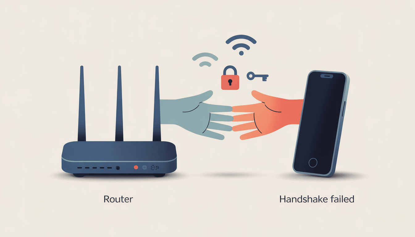 12 Ways to Fix Authentication Problem WiFi 1 A stylized illustration showing a router and a smartphone failing to connect, with a locked icon and the text 'Handshake failed' to represent WiFi authentication errors.