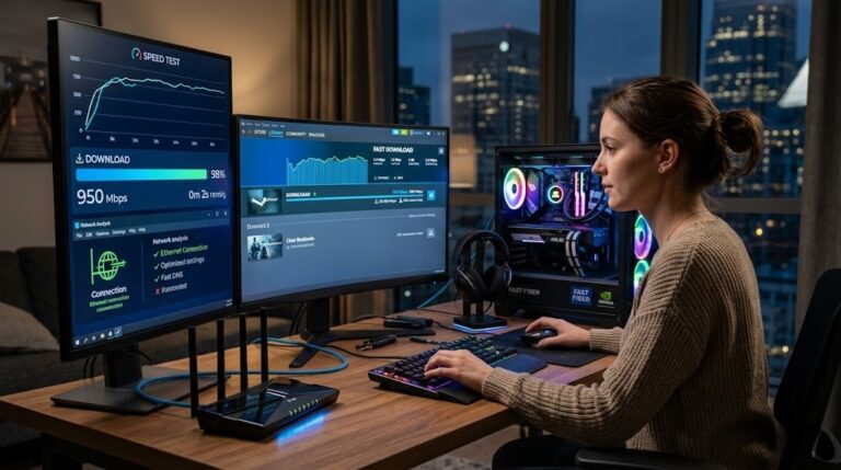 A photorealistic image of a woman sitting at a desk in a modern apartment. She is using a high-performance PC with a custom RGB chassis. Three monitors display various metrics, including a speed test showing 950 Mbps, a download in progress with a high speed bar, and network analysis tools. On the wooden desk are a router, a mechanical keyboard, a mouse, and a headset stand. The city lights of a urban skyline are visible through the large window in the background at night.