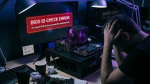 A photo of a tech workstation in a dark room with cool blue and purple lighting, where a man in the foreground is shown with his head in his hands, looking frustrated. Centered on the desk is an open-frame PC test bench holding a motherboard with a large, purple-lit CPU cooler, memory sticks, and all its ports visible. The computer monitor in the background displays a prominent red warning box with the text "BIOS ID CHECK ERROR" and "The current BIOS ID does not match the motherboard ID." A handwritten sticky note below the monitor reads "BIOS Error" with an arrow pointing to the screen. The desk is cluttered with two paper cups, crumpled paper, a keyboard, mouse, and scattered cables. The atmosphere is stressful and focuses on technical frustration.