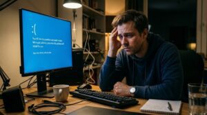A man frustrated while facing a blue screen on a computer, displaying a critical system error message.