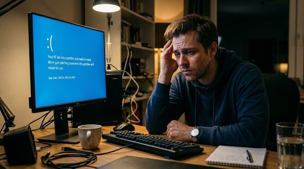 A man frustrated while facing a blue screen on a computer, displaying a critical system error message.