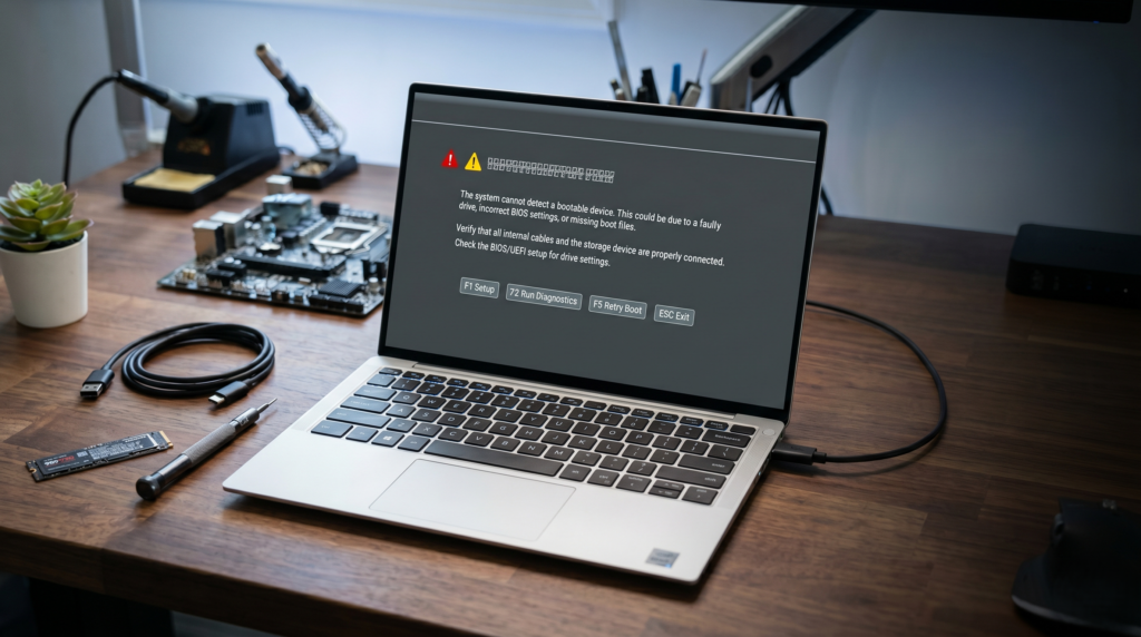 Dell laptop showing a 'No Bootable Devices Found' error screen on a workbench with repair tools and an M.2 SSD nearby.