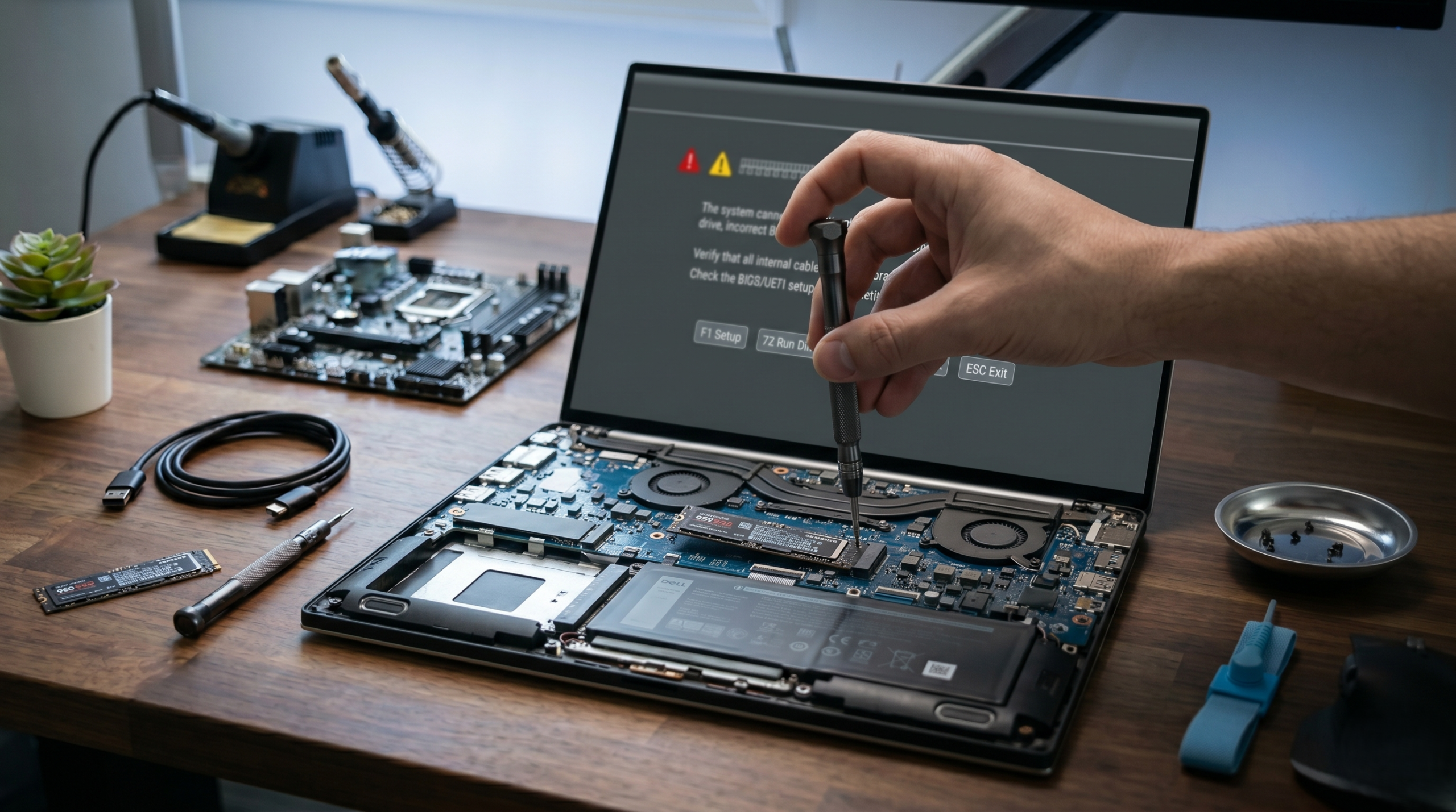 Open Dell laptop on a workbench with M.2 SSDs, precision screwdrivers, and repair tools visible, illustrating a hardware troubleshooting and upgrade process.