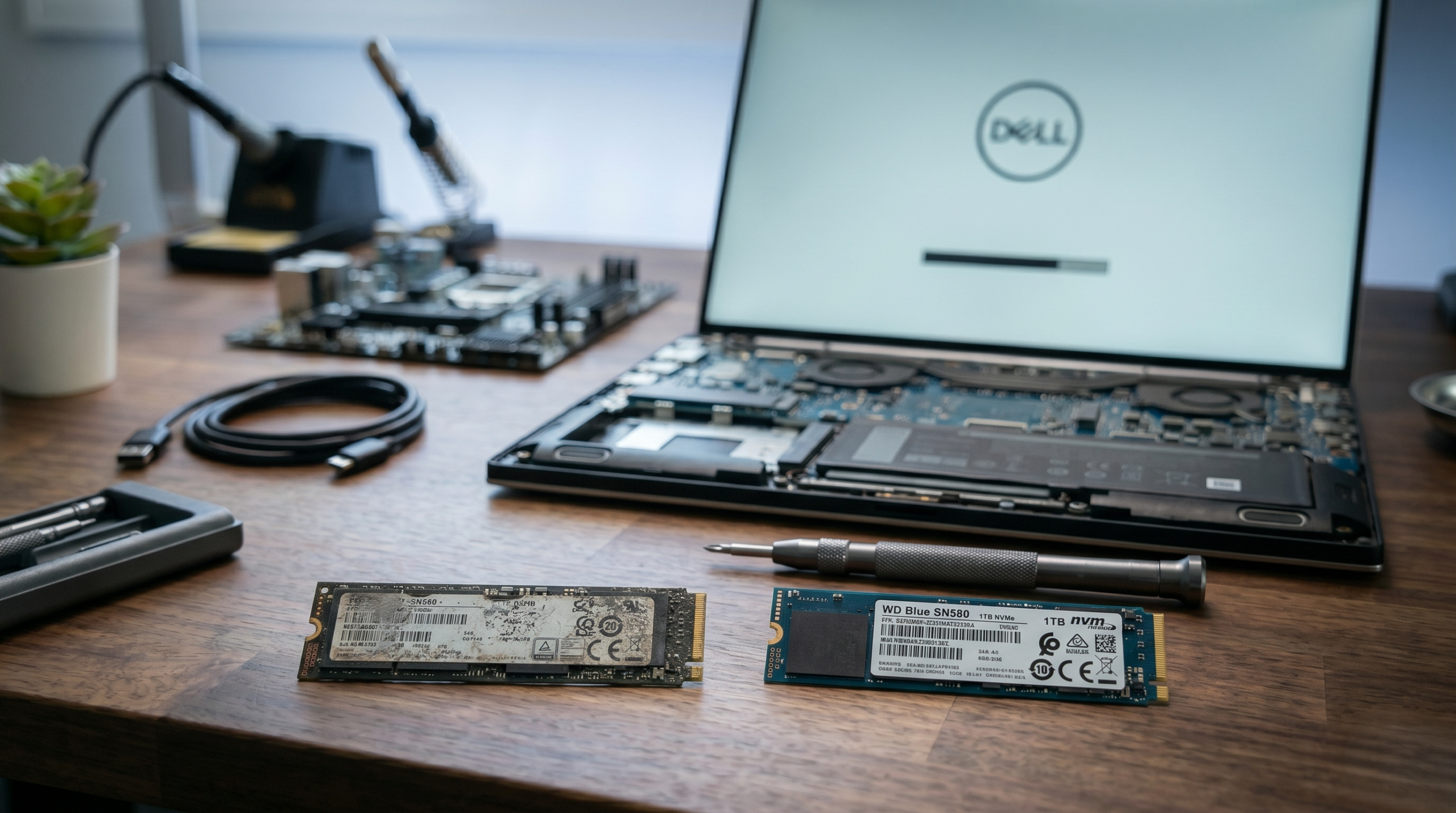 Open Dell laptop on a workbench with M.2 SSDs, precision screwdrivers, and repair tools visible, illustrating a hardware troubleshooting and upgrade process.