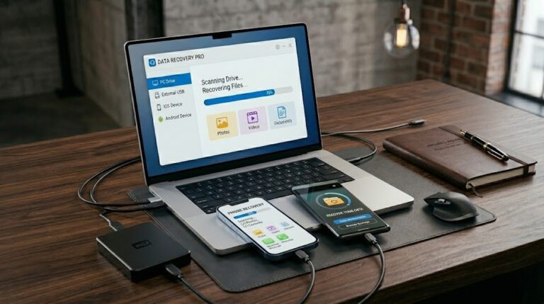 A silver laptop on a wooden desk displaying "Data Recovery Pro" software, connected via cables to an external WD hard drive, an iPhone showing "Phone Recovery," and an Android device showing "Recover Your Data.