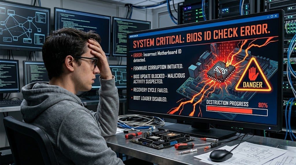A frustrated technician sitting at a desk with his head in his hands, facing a computer monitor that displays a red "BIOS ID CHECK ERROR" warning screen next to an open PC build.