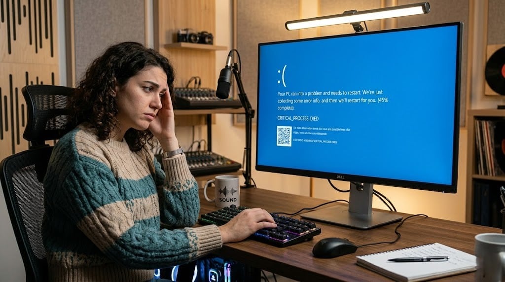A women frustrated while facing a blue screen on computer, displaying a critical system error message.