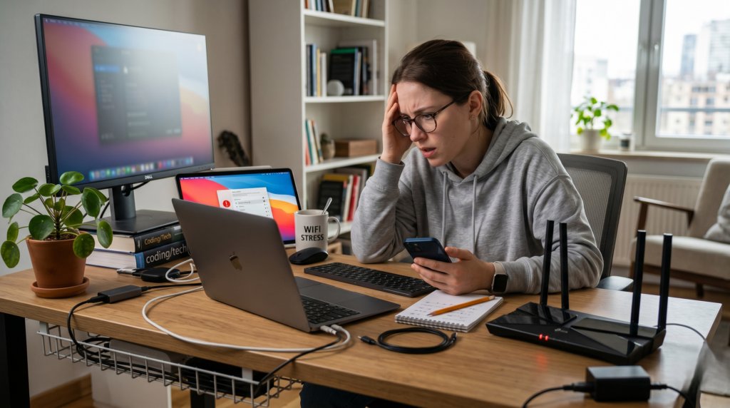 Person troubleshooting a WiFi authentication problem on a laptop and smartphone connected to a wireless router in a modern workspace.