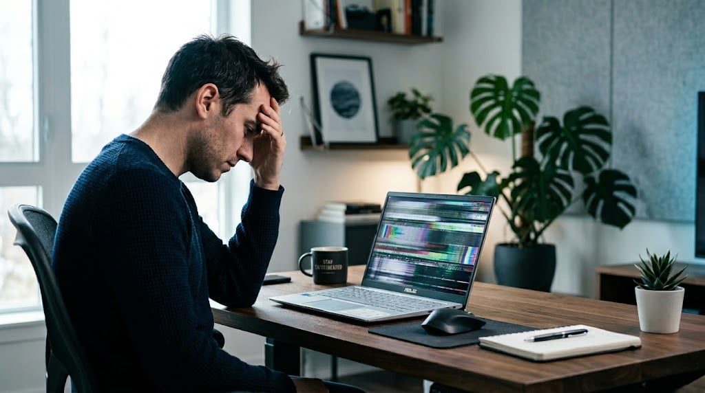 A side profile photo of a man seated at a wooden desk in a modern home office, looking stressed with his hand on his head. He is in a blue sweater. He is looking at a laptop screen that is filled with broken data, multicolored bars, and visual static, indicating a severe glitch. In the background, there is a large window and a large Monstera houseplant.