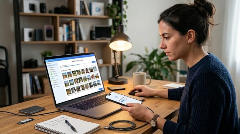 A woman in a home office looks intently at her MacBook, which displays a photo recovery software interface with many small thumbnail images. A coiled charging cable connects her iPhone to the laptop. A notebook with "iPhone Data Recovery Guide" written on it rests nearby.