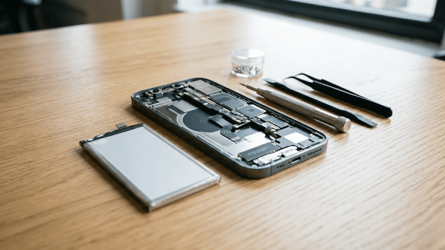 Modern iPhone on a wooden desk next to a replacement battery and repair tools in a professional smartphone repair workspace.