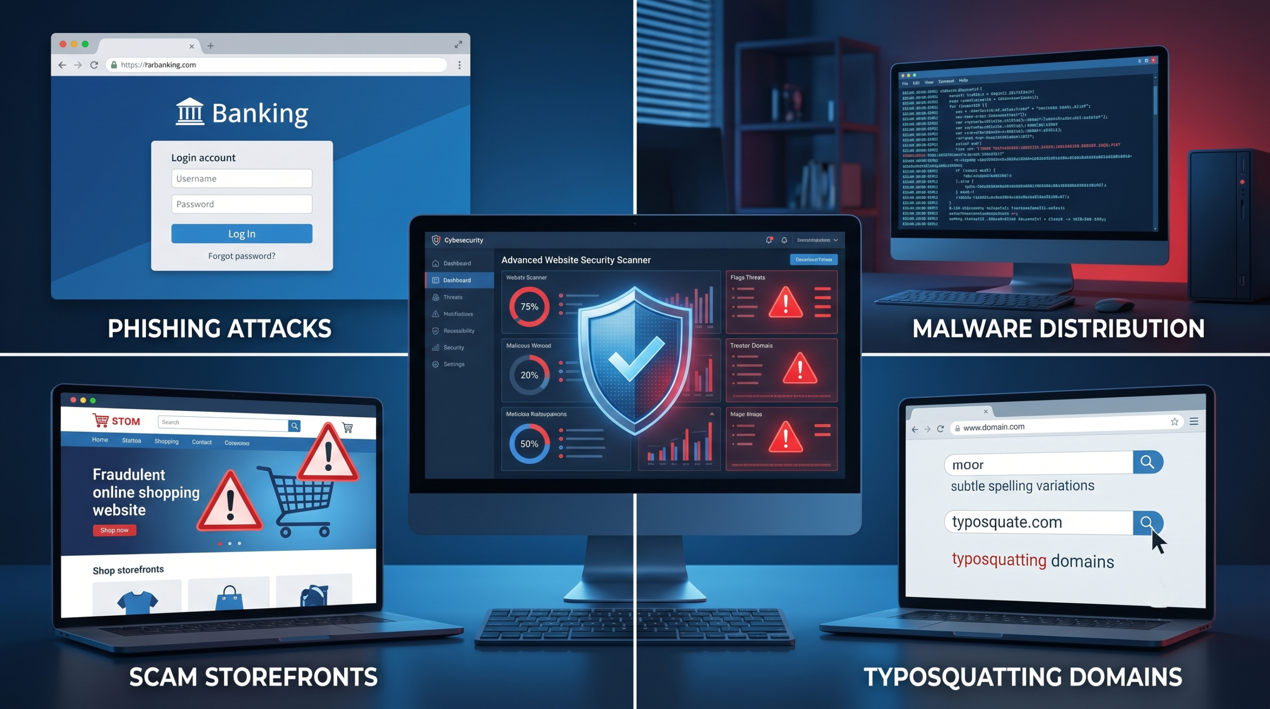 Cybersecurity illustration showing phishing websites, malware attacks, scam online stores, and typosquatting domains being detected by a website safety scanner.