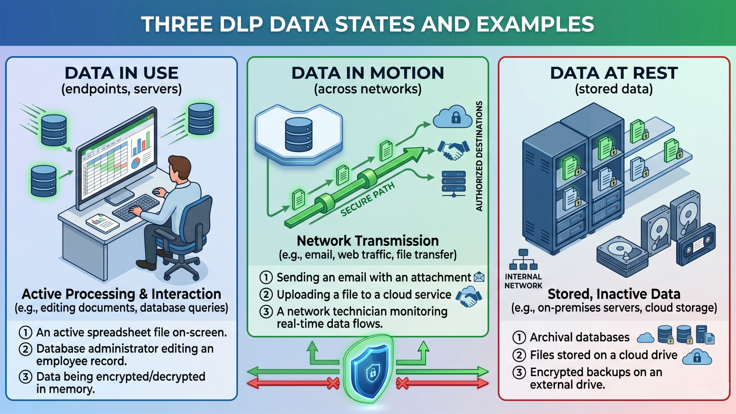 DLP coverage diagram showing data in use on endpoints, data in motion across networks, and data at rest in storage systems