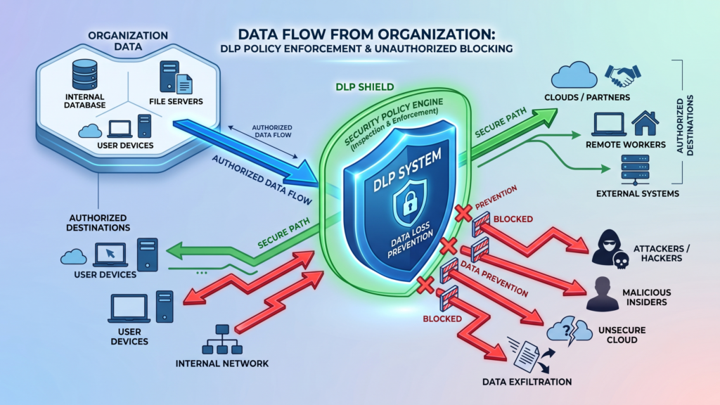 Data leak prevention diagram showing DLP controls blocking sensitive data exfiltration across endpoints, network, and cloud.