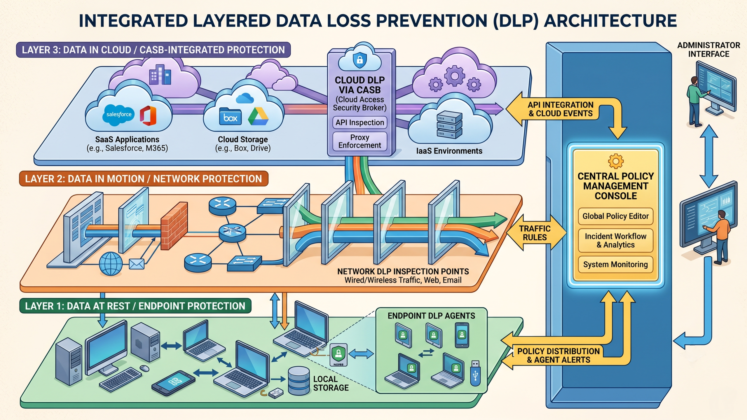 Data leak prevention technology architecture showing endpoint, network, and cloud DLP layers.