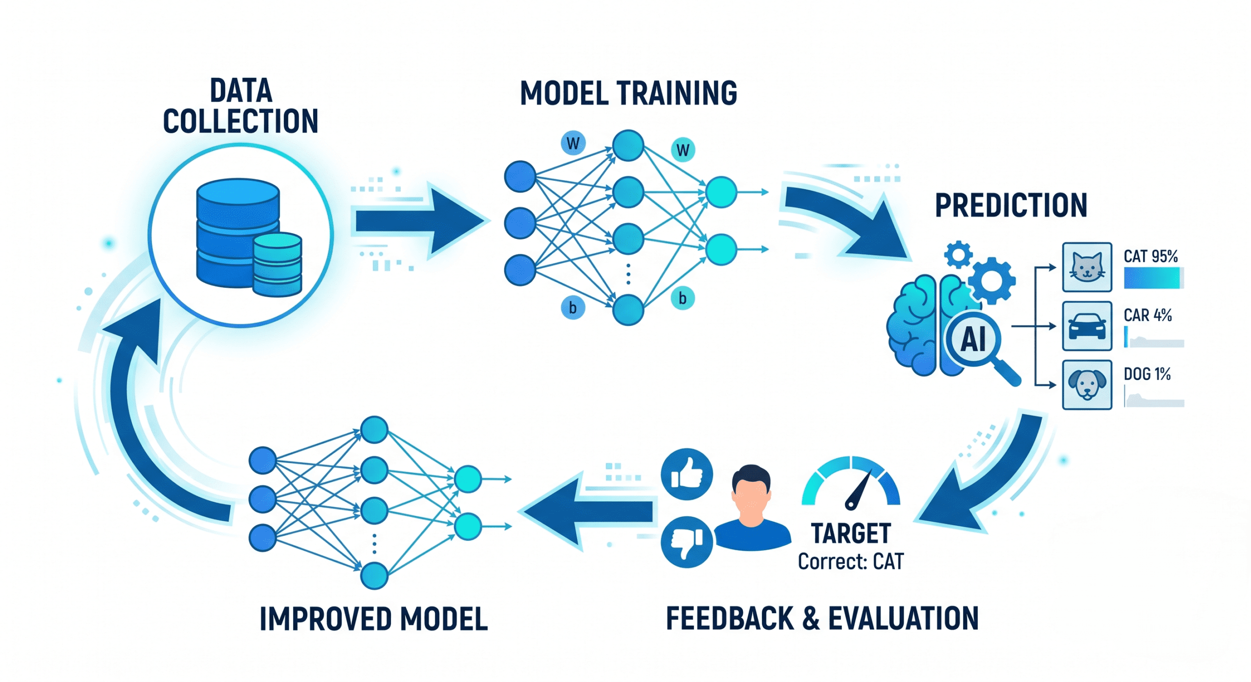 What Is AI? 2 Diagram showing what is Ai and how AI learns through a cycle of data input, training, prediction, and feedback.