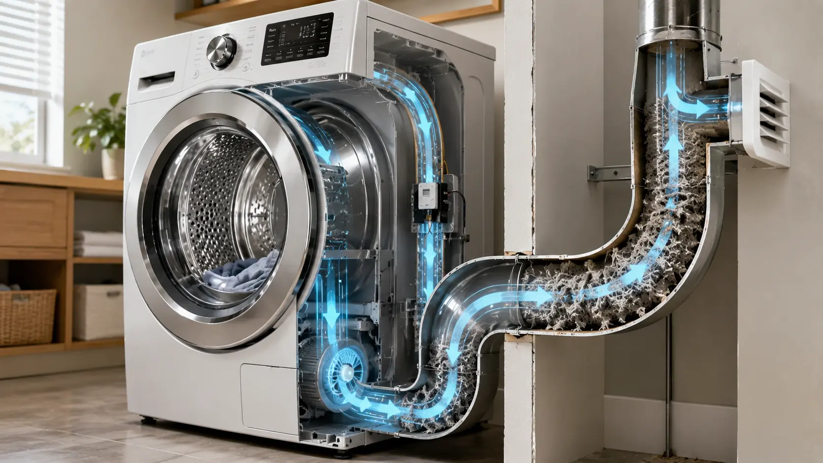 Illustration of an LG dryer Flow Sense system monitoring airflow through the exhaust duct and detecting blockages that trigger d75, d80, d90, and d95 warning codes.