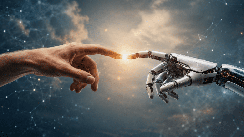 Human and robot hand reaching toward each other representing artificial intelligence and human collaboration.