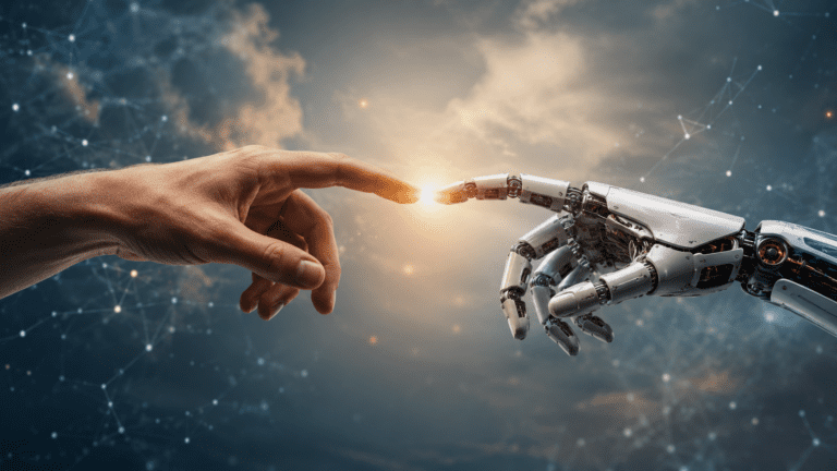 Human and robot hand reaching toward each other representing artificial intelligence and human collaboration.