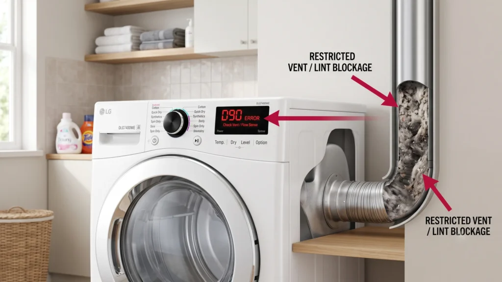 Visual guide explaining what does D90 mean on LG dryer, showing a control panel error code and a blocked exhaust vent illustration.