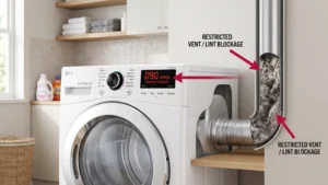 Visual guide explaining what does D90 mean on LG dryer, showing a control panel error code and a blocked exhaust vent illustration.