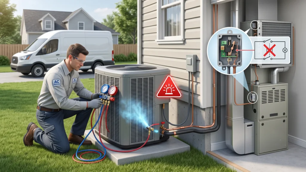 Why Is My AC Not Turning On? Complete Troubleshooting Guide 1 Technician checking the outdoor AC condenser unit to troubleshoot startup issues.