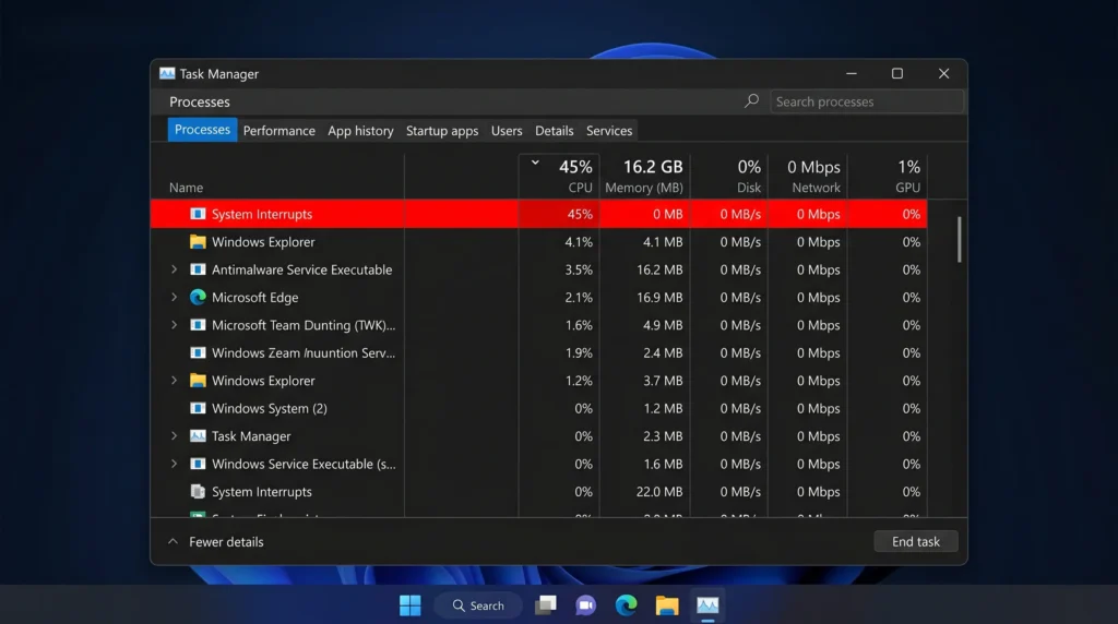 Windows Task Manager showing System Interrupts process consuming high CPU usage