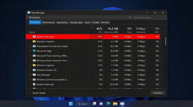 Windows Task Manager showing System Interrupts process consuming high CPU usage