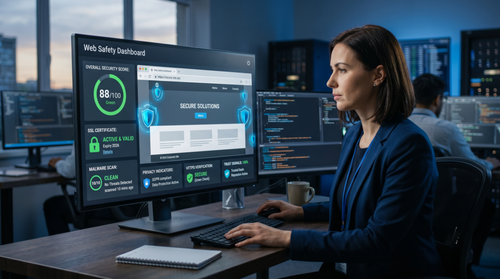 Professional cybersecurity dashboard on a monitor showing website safety scan results, SSL security, and malware protection status.