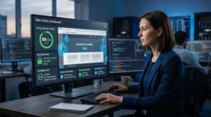 Professional cybersecurity dashboard on a monitor showing website safety scan results, SSL security, and malware protection status.