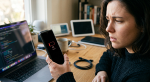 Person holding an Android smartphone with a low battery level, illustrating fast battery drain issues and poor battery performance.