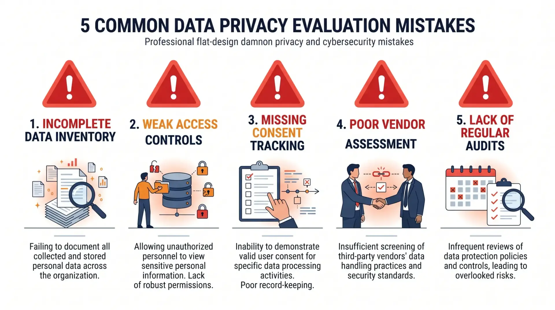 Warning signs highlighting five common mistakes organizations make when trying to evaluate data privacy