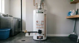 Gas water heater in utility room showing pilot light and gas valve