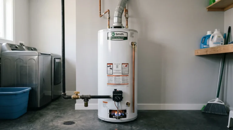 Gas water heater in utility room showing pilot light and gas valve