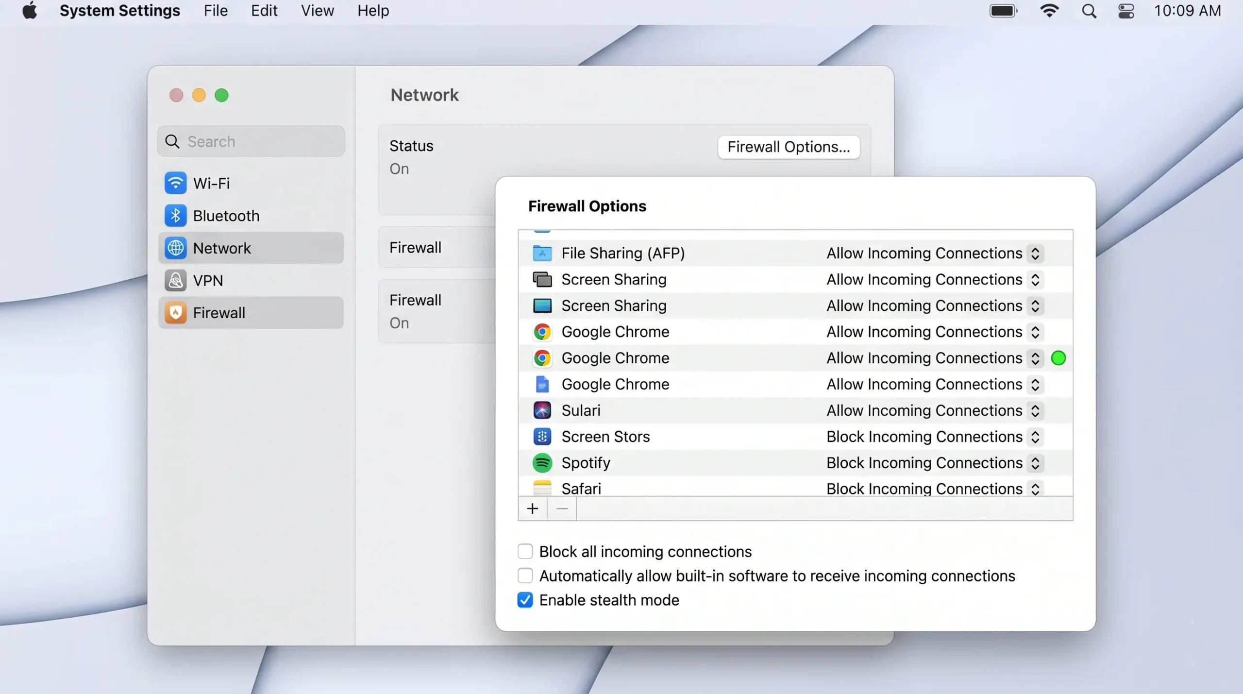macOS Firewall Options showing Google Chrome set to allow incoming connections