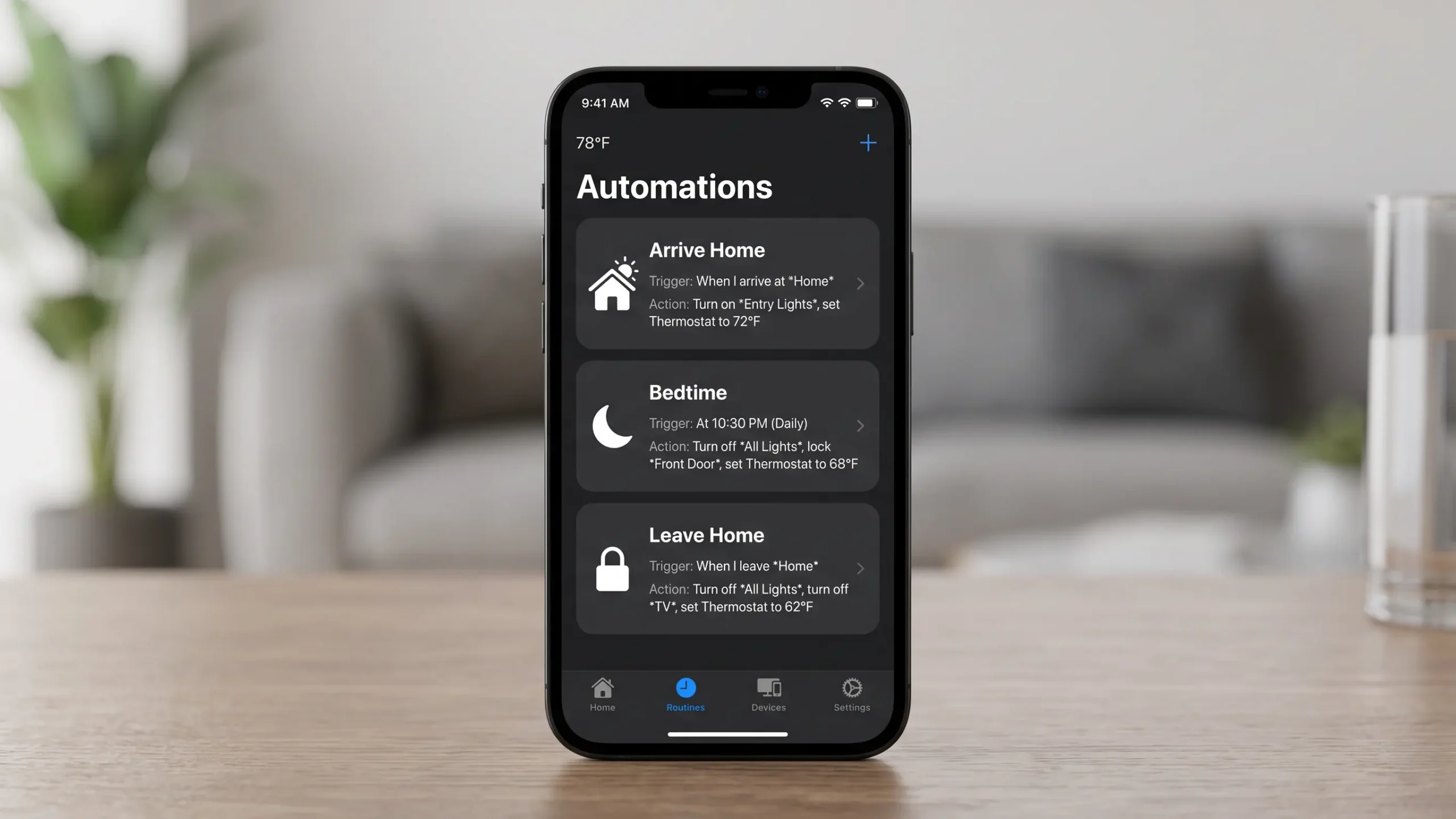 Smartphone screen showing smart home automation routines including arrival routine, bedtime routine, and departure routine settings