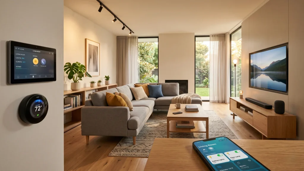 Complete smart home system installation setup showing connected devices, app controls, and smart hub in a modern living room
