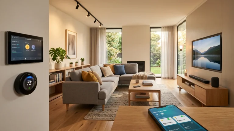 Complete smart home system installation setup showing connected devices, app controls, and smart hub in a modern living room