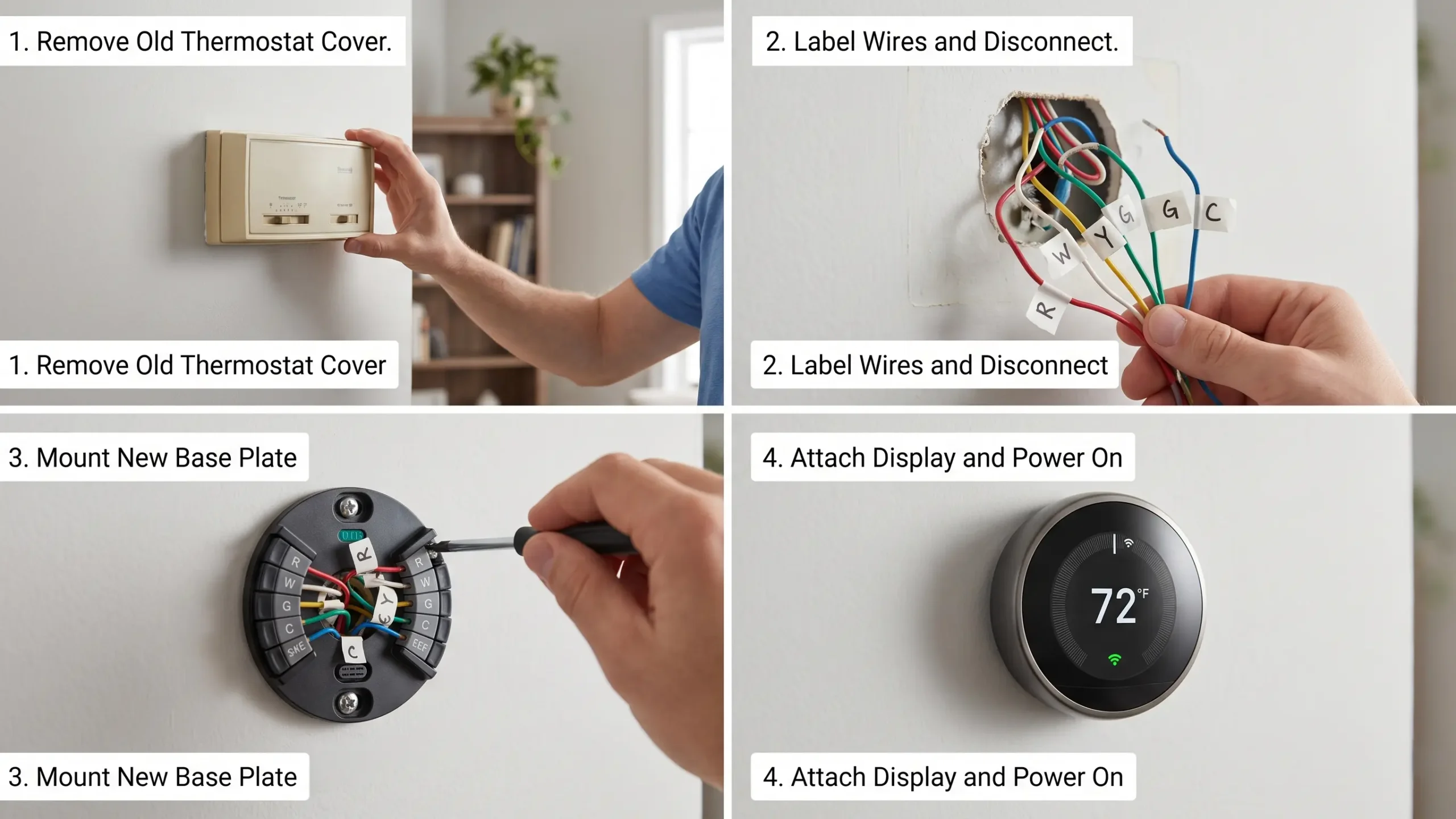 Step-by-step visual showing smart thermostat installation including removing existing thermostat, labeling wires, and mounting new device