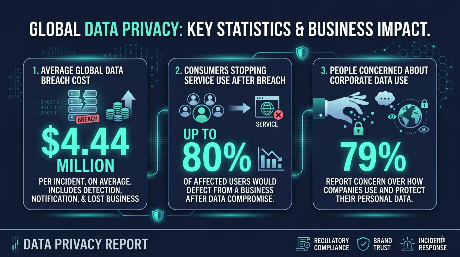 Infographic showing key data privacy statistics including average cost of a data breach and percentage of consumers concerned about personal data use