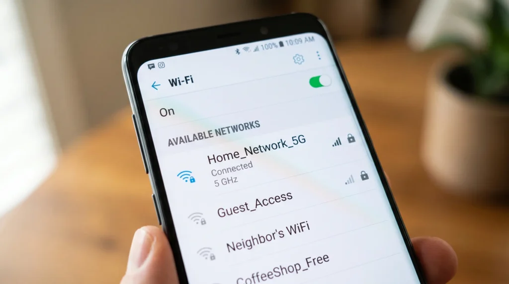 Phone Wi-Fi settings screen showing 2.4GHz and 5GHz network options