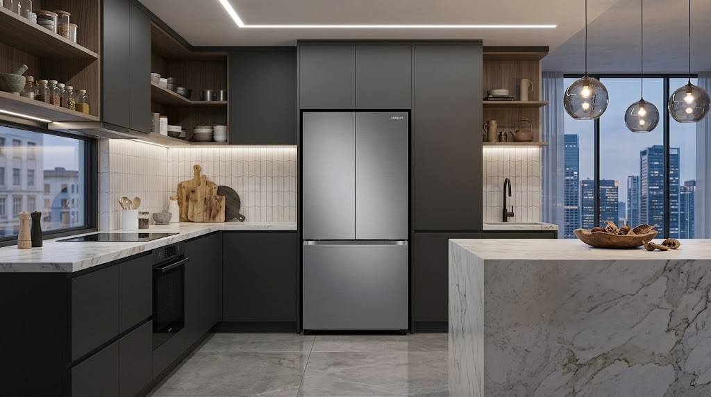 A photo-realistic modern kitchen featuring a sleek, integrated Samsung 550L French Door Refrigerator flanked by dark charcoal cabinets, white marble countertops, and a large marble island under ambient pendant lighting with a city skyline view.