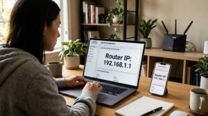 A high-resolution photo showing a laptop and smartphone screen displaying detailed network settings, emphasizing where to find the ‘Default Gateway’ or Router IP address, set within a modern home office environment.