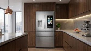 A realistic 16:9 editorial photograph of a stainless steel Samsung French-door refrigerator featuring a built-in Family Hub smart screen, integrated into dark wood kitchen cabinetry with a marble countertop. Samsung Refrigerator review for Kitchen