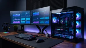 Gaming PC setup showing tower case and dual monitors used to optimize PC for gaming performance