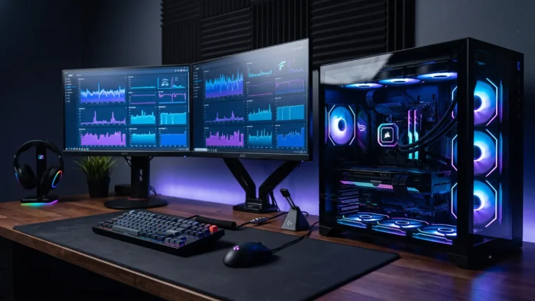 Gaming PC setup showing tower case and dual monitors used to optimize PC for gaming performance