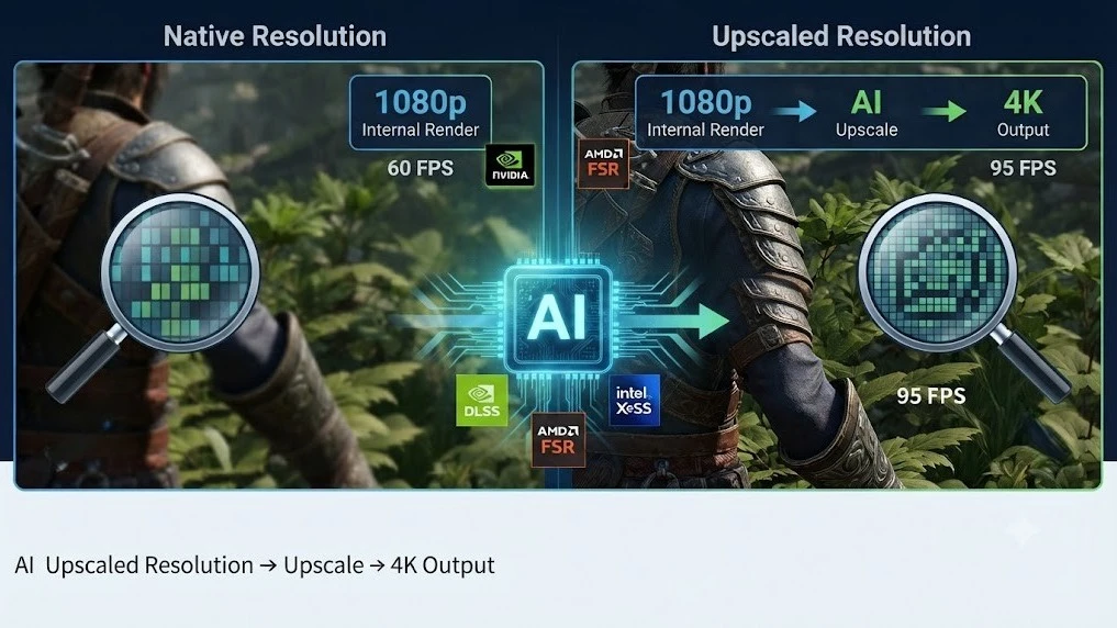 Diagram showing how AI upscaling technologies like DLSS, FSR, and XeSS improve gaming frame rates by rendering at a lower internal resolution and outputting at native resolution.