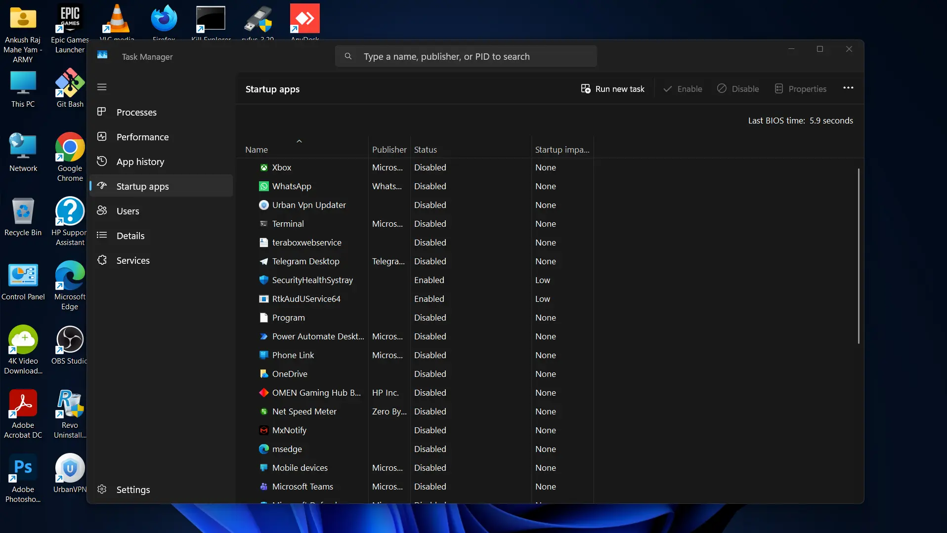 Windows Task Manager window showing the Startup Apps tab with a list of applications and their startup impact status.