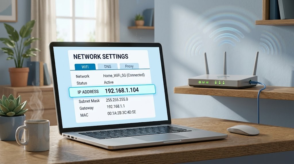 A photorealistic image of a laptop displaying a router's IP address on its screen, set in a cozy home office with a visible WiFi router.