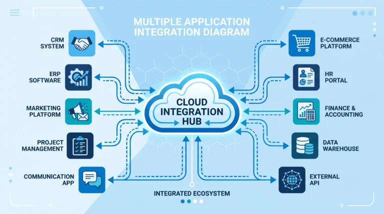 Diagram showing a cloud integration platform connecting apps, databases, and cloud services